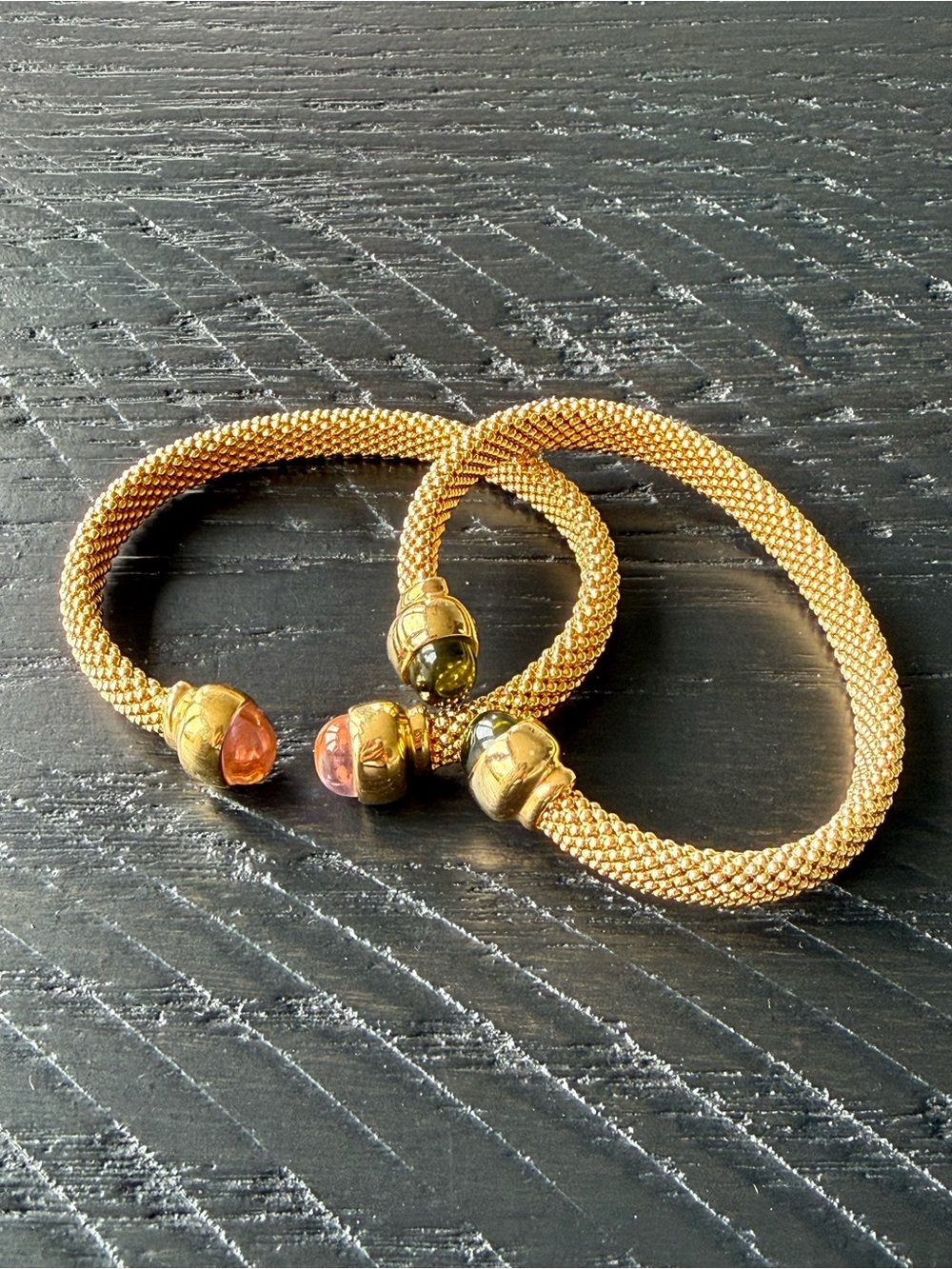 Gold Mesh Stackable Bracelet Set with Pink and Green Gem Accents